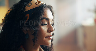 Buy stock photo Morning, thinking and face of woman in home for wondering, daydreaming and reflection. Apartment, closeup and person with thoughtful, inspiration and planning for wellness, peace and calm on weekend