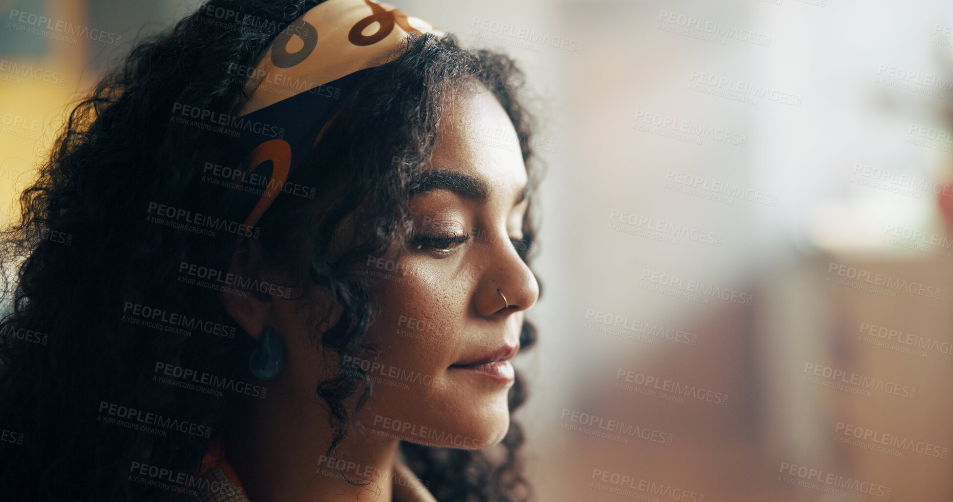 Buy stock photo Morning, thinking and face of woman in home for wondering, daydreaming and reflection. Apartment, closeup and person with thoughtful, inspiration and planning for wellness, peace and calm on weekend
