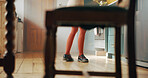 Dancing, fashion and legs of woman in home for casual, energy step and celebration. Shoes, chair and dancer with feet of person on floor in kitchen for trendy style, chic footwear or entertainment