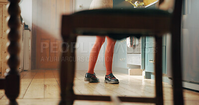 Buy stock photo Dancing, fashion and legs of woman in home for casual, energy step and celebration. Shoes, chair and dancer with feet of person on floor in kitchen for trendy style, chic footwear or entertainment