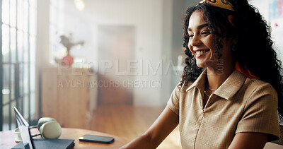 Buy stock photo Woman, laptop and remote work from home with smile for feedback, solution or perspective for project. Person, insight and computer for problem solving at freelance job, career and review at apartment