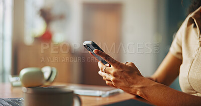 Buy stock photo Typing, phone and hands of person in home for social media, internet and online networking on website. Closeup, space and girl on smartphone for chatting, connection and communication on mobile app