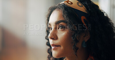 Buy stock photo Morning, thinking and face of girl in home for wondering, daydreaming and reflection. Apartment, closeup and woman with thoughtful, inspiration and planning for wellness, peace and calm on weekend