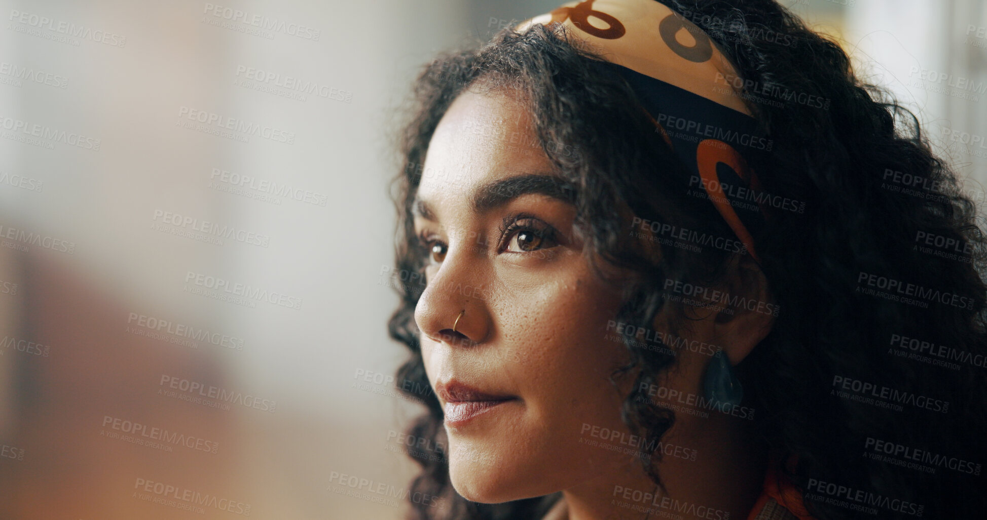 Buy stock photo Morning, thinking and face of girl in home for wondering, daydreaming and reflection. Apartment, closeup and woman with thoughtful, inspiration and planning for wellness, peace and calm on weekend