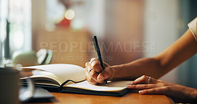 Buy stock photo Home, person and hands with notebook for writing, schedule or daily reflection for wellness. Closeup, writer and student with journal for assessment reminder, to do list or thoughts for mental health