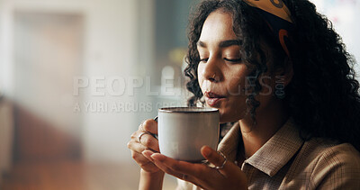 Buy stock photo Morning, relax and woman in home with coffee with drink, caffeine and blow for hot beverage. Happy, apartment and person with mug for comfort, break and rest for wellness, peace and calm on weekend