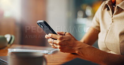 Buy stock photo Typing, phone and hands of woman in home for social media, internet and online networking on website. Closeup, relax and person on smartphone for chatting, connection and communication on mobile app