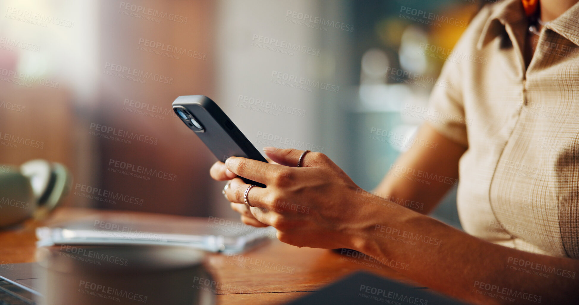 Buy stock photo Typing, phone and hands of woman in home for social media, internet and online networking on website. Closeup, relax and person on smartphone for chatting, connection and communication on mobile app