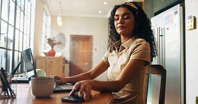 Buy stock photo Woman, phone and laptop with remote work from home, online media job and check notification in kitchen. Person, writer and journalist with smartphone, mobile app and contact for lead with article