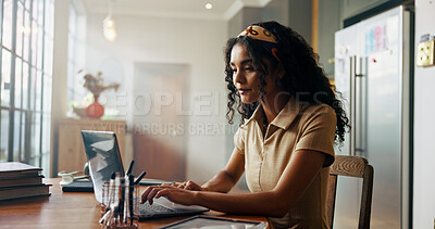 Buy stock photo Girl, student and laptop with typing in home for online course, e learning and development in morning. Woman, person and editing project with pc for education, scholarship and class on web in kitchen