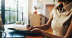 Hands, writing notes and remote work from home by laptop, planning or freelancer with project. Person, writer or editor with notebook, computer and journal for article, review or newsletter in house