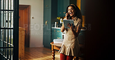 Buy stock photo Phone call, remote work and tablet with woman laughing in kitchen of home for small business planning or research. App, conversation and funny with freelancer in apartment for startup development