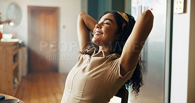 Buy stock photo Remote work from home, relax and woman with rest, smile and completed assignment. Apartment, happy person and entrepreneur with break, finished project and achievement with task, freelancer and calm