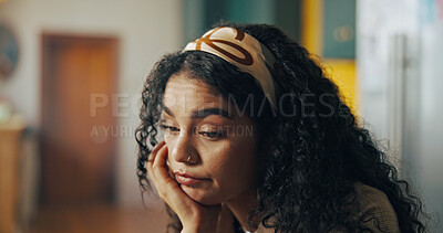 Buy stock photo Bored, tired and woman in home with remote work for creative project with fatigue for deadline. Exhaustion, burnout and female copywriter with freelance job for magazine publishing in apartment.