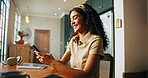 University student, girl and typing with phone in home for study break, checking notifications and text message. Gen z, person and happy with smartphone for social media scroll and college schedule