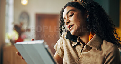 Buy stock photo Phone call, remote work and tablet with business woman in kitchen of home for startup planning or research. App, conversation and feedback with freelance entrepreneur in apartment for development