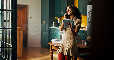 Buy stock photo Phone call, remote work and tablet with happy woman in kitchen of home for small business planning or research. App, laughing and startup with freelancer in apartment for professional development