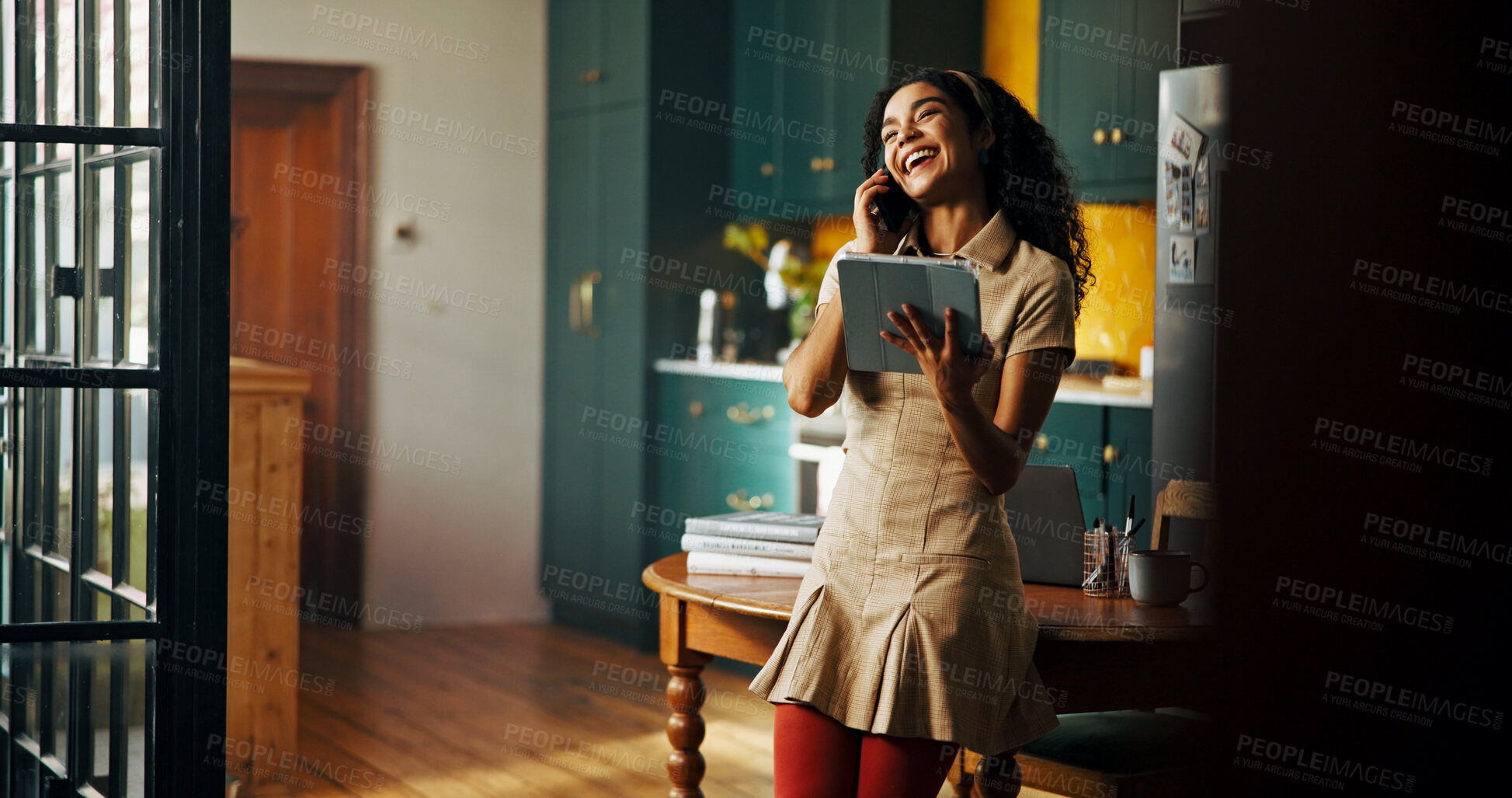 Buy stock photo Phone call, remote work and tablet with happy woman in kitchen of home for small business planning or research. App, laughing and startup with freelancer in apartment for professional development
