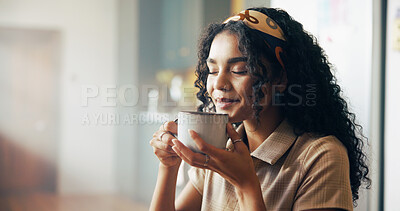 Buy stock photo Morning, relax and woman in home with coffee with drink, caffeine beverage and cappuccino. Happy, apartment and person with mug for breakfast, break and rest for wellness, peace and calm on weekend