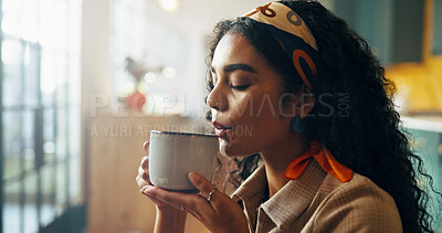 Buy stock photo Morning, relax and woman in home with coffee with drink, caffeine beverage and cappuccino. House, apartment and person with mug for breakfast, break and rest for wellness, peace and calm on weekend