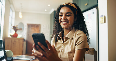 Buy stock photo University student, girl and laughing with phone in home for study break, college meme and funny social media post. Gen z, person and happy with smartphone for internet research and app notifications