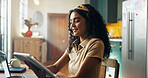 Woman, smile and tablet for remote work from home in kitchen for talk, solution or scroll for review. Person, virtual assistant and happy on touchscreen, app and check for notes, agenda or deadline