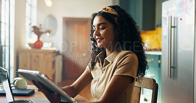 Buy stock photo Woman, smile and tablet for remote work from home in kitchen for talk, solution or scroll for review. Person, virtual assistant and happy on touchscreen, app and check for notes, agenda or deadline
