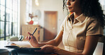 Hands, notebook and project for remote work from home by laptop, plan and freelance job. Woman, writer and editor for story development, reading or article in journal, review or newsletter in house