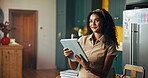 Portrait, remote work and tablet with woman in kitchen of home for small business planning or research. App, smile and startup with freelance entrepreneur in apartment for professional development