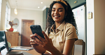 Buy stock photo University student, girl and check phone in home for college notifications, text message or social media scroll. Study break, person and happy with smartphone for watching online video or connection