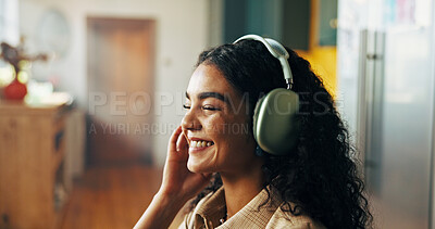 Buy stock photo Headphones, smile and woman in house with remote work for creative magazine agency with project. Audio tech, happy and female critic editor streaming music, album or playlist for online review.