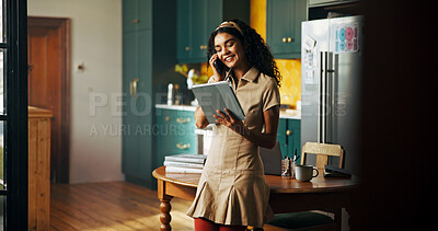Buy stock photo Phone call, remote work and tablet with woman in kitchen of home for small business planning or research. App, communication and smile with freelance entrepreneur in apartment for startup development