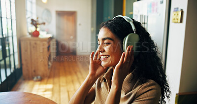 Buy stock photo Headphones, happy and woman in home with remote work for creative magazine agency with project. Audio tech, relax and female critic editor streaming music, album or playlist for online review.