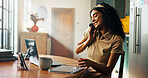 Woman, phone call and laptop with remote work from home, online media and smile with update for story in kitchen. Person, writer and journalist on smartphone, tablet and contact for lead with article