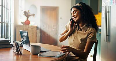 Buy stock photo Woman, phone call and laptop with remote work from home, online media and smile with update for story in kitchen. Person, writer and journalist on smartphone, tablet and contact for lead with article