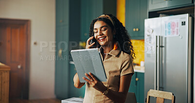 Buy stock photo Phone call, smile and tablet with freelance woman in kitchen of home for small business planning or research. App, remote work and startup with entrepreneur in apartment for professional development