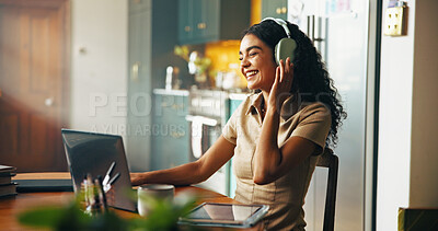Buy stock photo Headphones, laptop and woman in house with remote work for creative magazine agency with project. Audio tech, computer and female critic editor streaming music, album or playlist for online review.