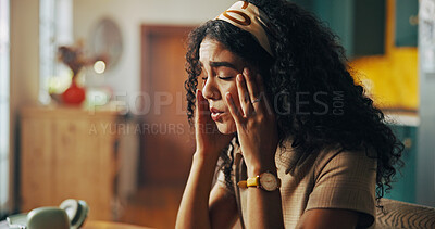 Buy stock photo Stress, headache and business woman in home with tension, strain and head pain in apartment. Remote worker, professional and upset person frustrated for burnout, medical crisis and migraine 