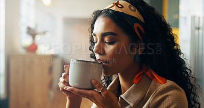 Buy stock photo Morning, relax and girl in home with coffee with drink, caffeine beverage and cappuccino. Happy, apartment and woman with mug for breakfast, break and rest for wellness, peace and calm on weekend