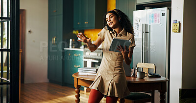 Buy stock photo Phone call, remote work and tablet with woman thinking in kitchen of home for small business planning or research. App, conversation and explain with freelancer in apartment for startup development