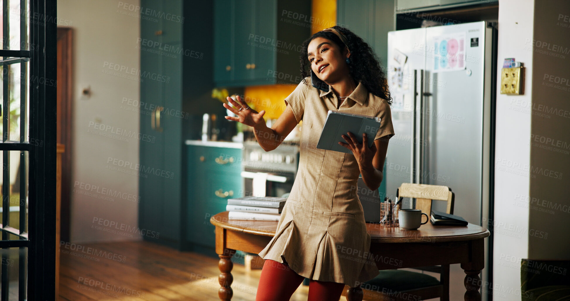 Buy stock photo Phone call, remote work and tablet with woman thinking in kitchen of home for small business planning or research. App, conversation and explain with freelancer in apartment for startup development