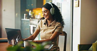 Buy stock photo Headphones, remote work and business woman on laptop for online planning, writing proposal and research. Home, freelance and person listening to music on computer for website, project and internet