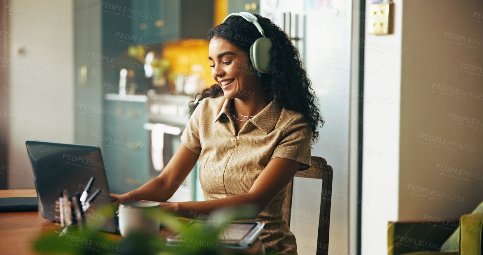 Buy stock photo Headphones, remote work and business woman on laptop for online planning, writing proposal and research. Home, freelance and person listening to music on computer for website, project and internet