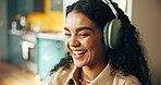 Headphones, excited and woman in home with remote work for creative magazine agency with project. Audio tech, happy and female critic editor streaming music, album or playlist for online review.