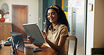 Girl, student and tablet with smile in kitchen for online course, e learning or problem solving for test. Woman, person and editing project with app for education, scholarship or research at house