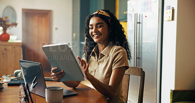 Buy stock photo Girl, student and tablet with smile in kitchen for online course, e learning or problem solving for test. Woman, person and editing project with app for education, scholarship or research at house