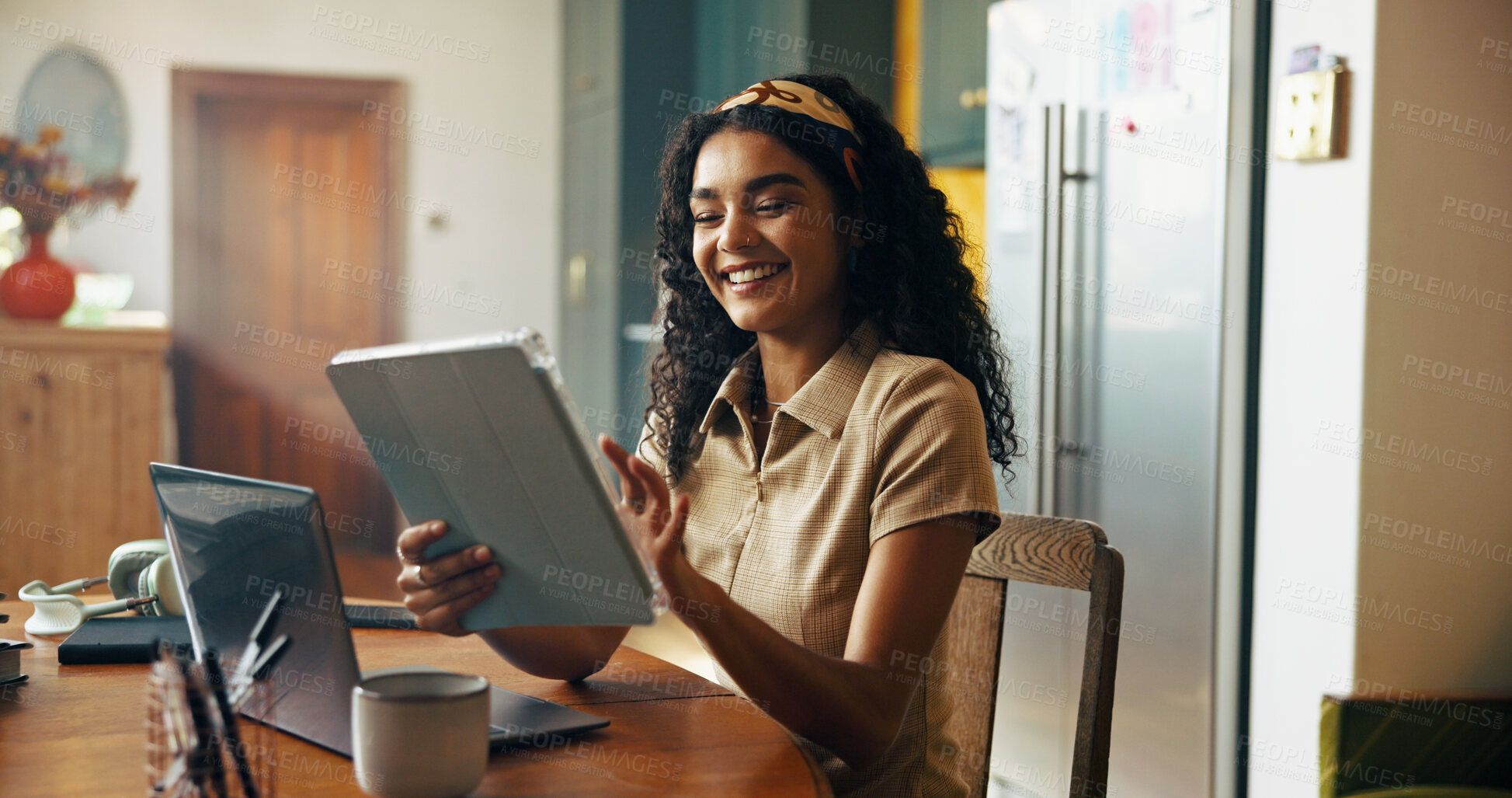 Buy stock photo Girl, student and tablet with smile in kitchen for online course, e learning or problem solving for test. Woman, person and editing project with app for education, scholarship or research at house