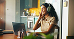 Headphones, remote work and business woman on laptop for online planning, writing proposal and research. Home, freelance and person listening to music on computer for website, project and internet