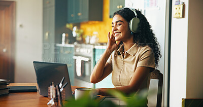 Buy stock photo Headphones, remote work and business woman on laptop for online planning, writing proposal and research. Home, freelance and person listening to music on computer for website, project and internet