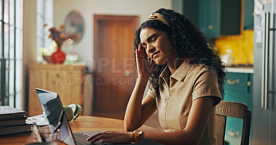 Buy stock photo Laptop, headache and business woman in home with tension, stress and head pain in apartment. Remote worker, professional and person on computer frustrated for burnout, medical crisis and migraine 